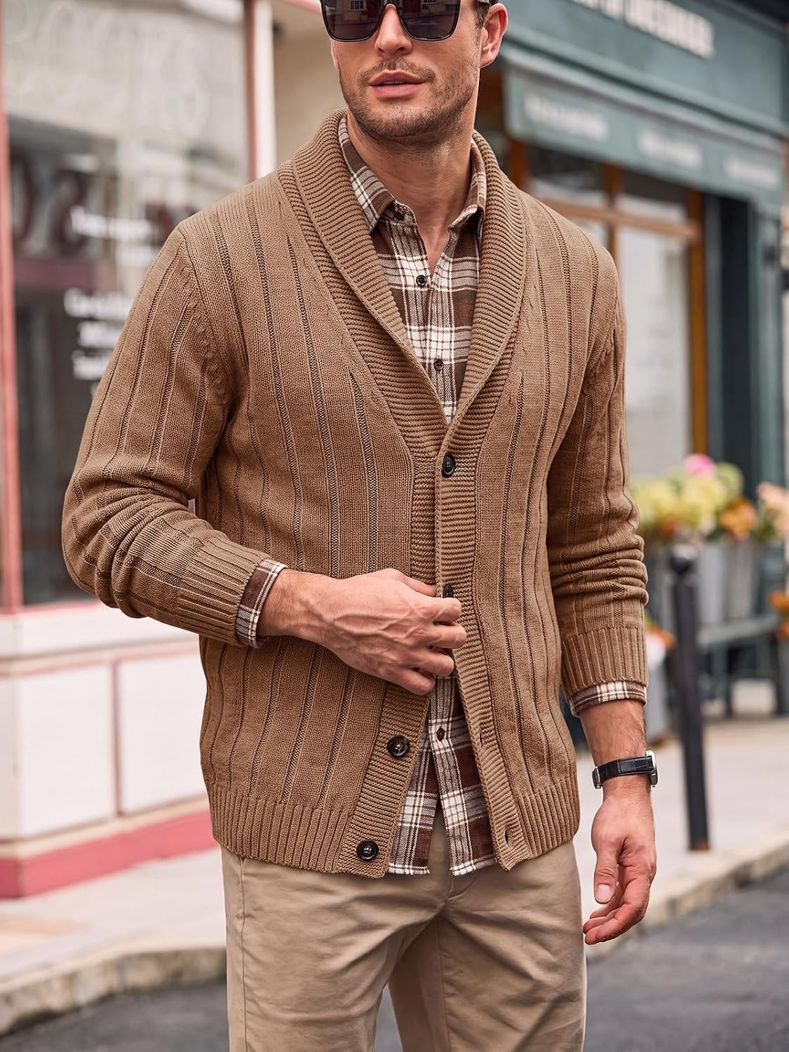 image:imageRuncati Mens Shawl Collar Cardigan Sweater Cable Knit Fall Winter SweatersBrown