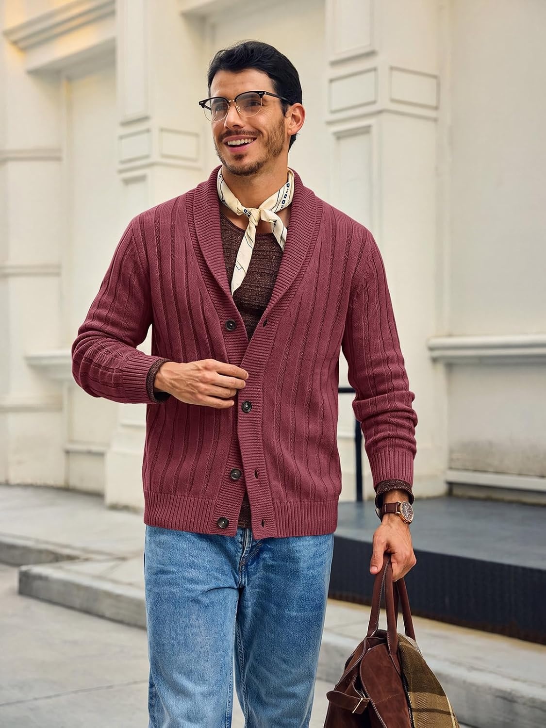 image:imageRuncati Mens Shawl Collar Cardigan Sweater Cable Knit Fall Winter SweatersBurgundy
