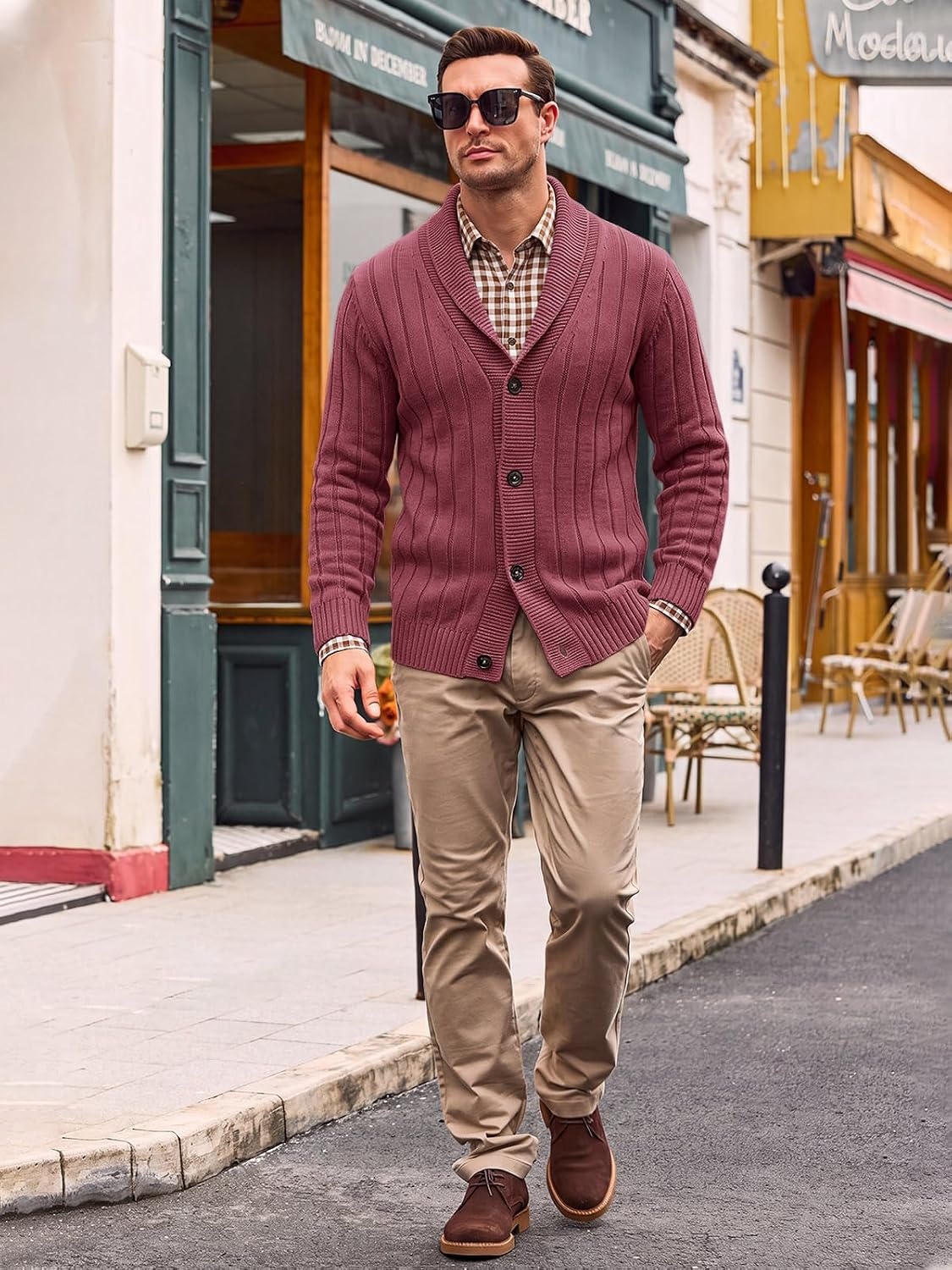 image:imageRuncati Mens Shawl Collar Cardigan Sweater Cable Knit Fall Winter SweatersBurgundy