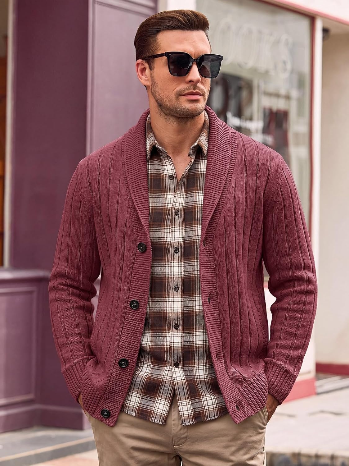 image:imageRuncati Mens Shawl Collar Cardigan Sweater Cable Knit Fall Winter SweatersBurgundy