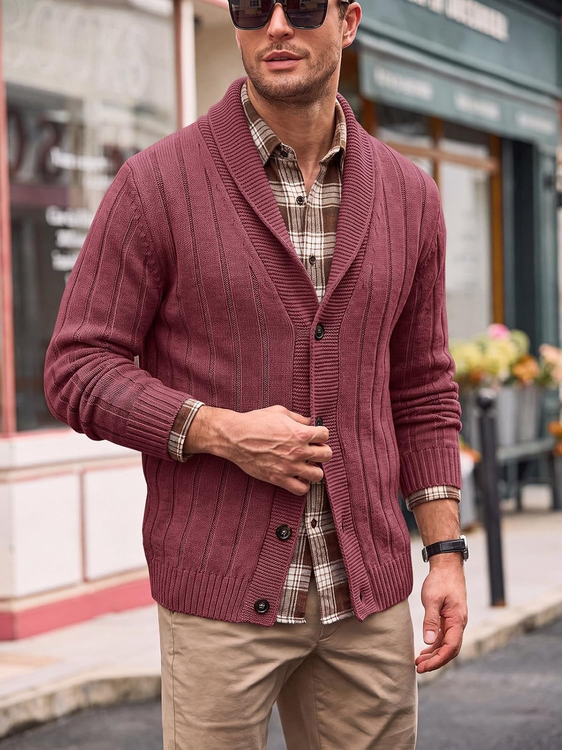 image:imageRuncati Mens Shawl Collar Cardigan Sweater Cable Knit Fall Winter SweatersBurgundy