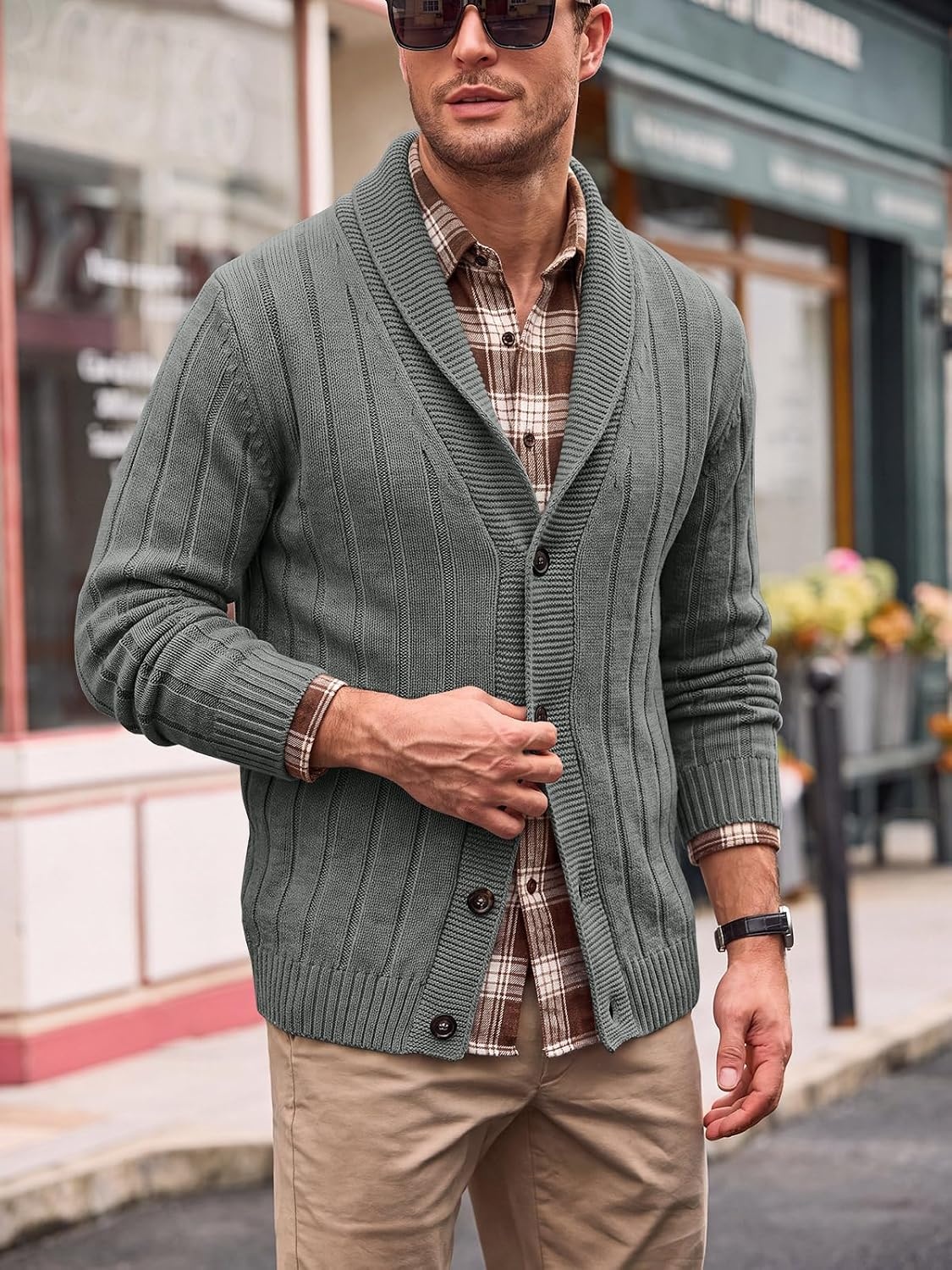 image:imageRuncati Mens Shawl Collar Cardigan Sweater Cable Knit Fall Winter SweatersDark Grey