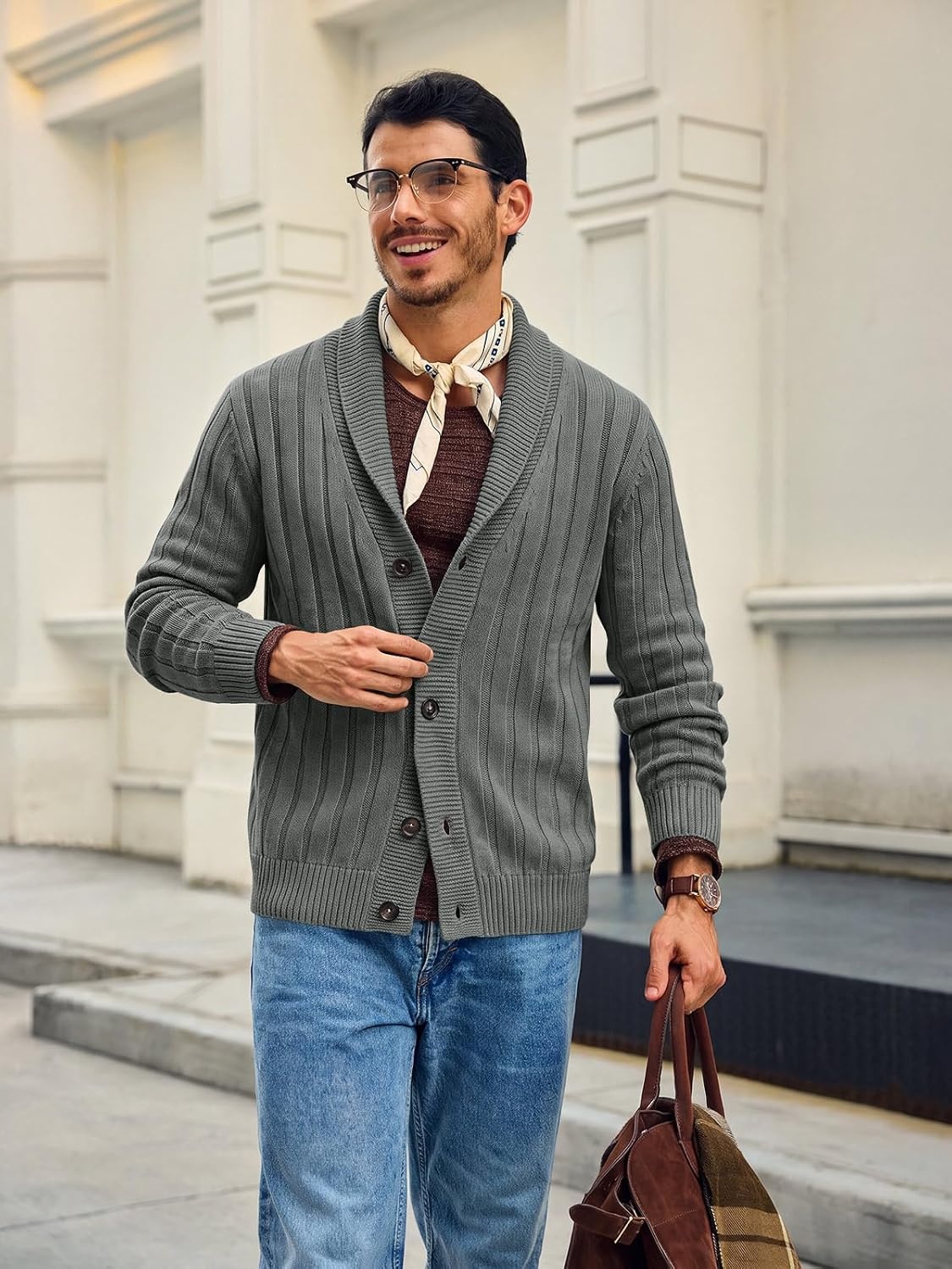 image:imageRuncati Mens Shawl Collar Cardigan Sweater Cable Knit Fall Winter SweatersDark Grey
