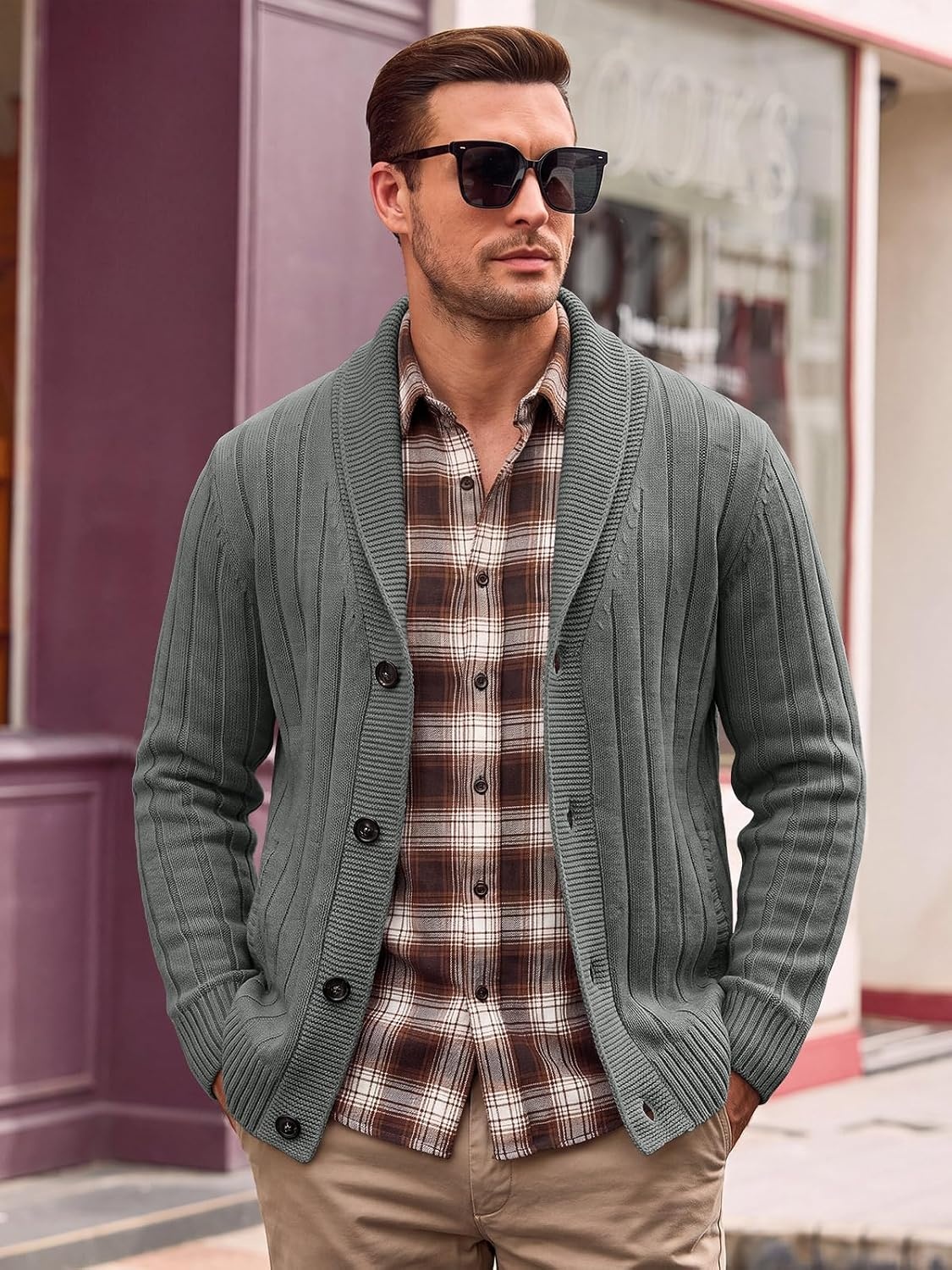 image:imageRuncati Mens Shawl Collar Cardigan Sweater Cable Knit Fall Winter SweatersDark Grey