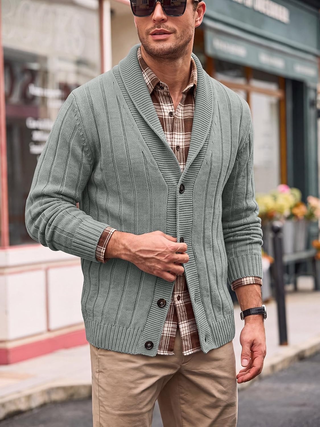 image:imageRuncati Mens Shawl Collar Cardigan Sweater Cable Knit Fall Winter SweatersGrey