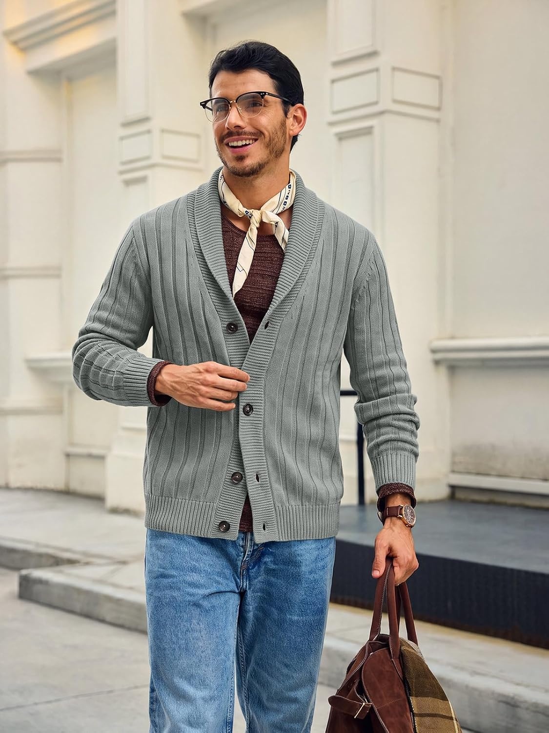 image:imageRuncati Mens Shawl Collar Cardigan Sweater Cable Knit Fall Winter SweatersGrey