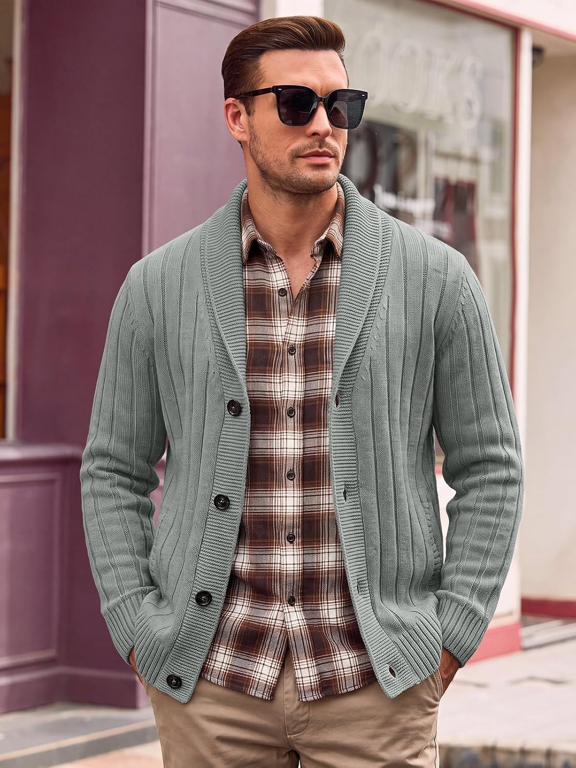 image:imageRuncati Mens Shawl Collar Cardigan Sweater Cable Knit Fall Winter SweatersGrey