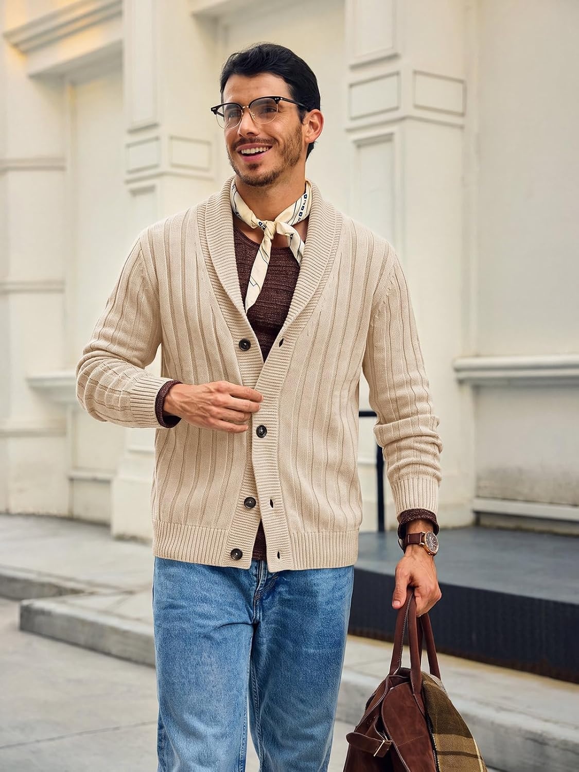 image:imageRuncati Mens Shawl Collar Cardigan Sweater Cable Knit Fall Winter SweatersLight Khaki