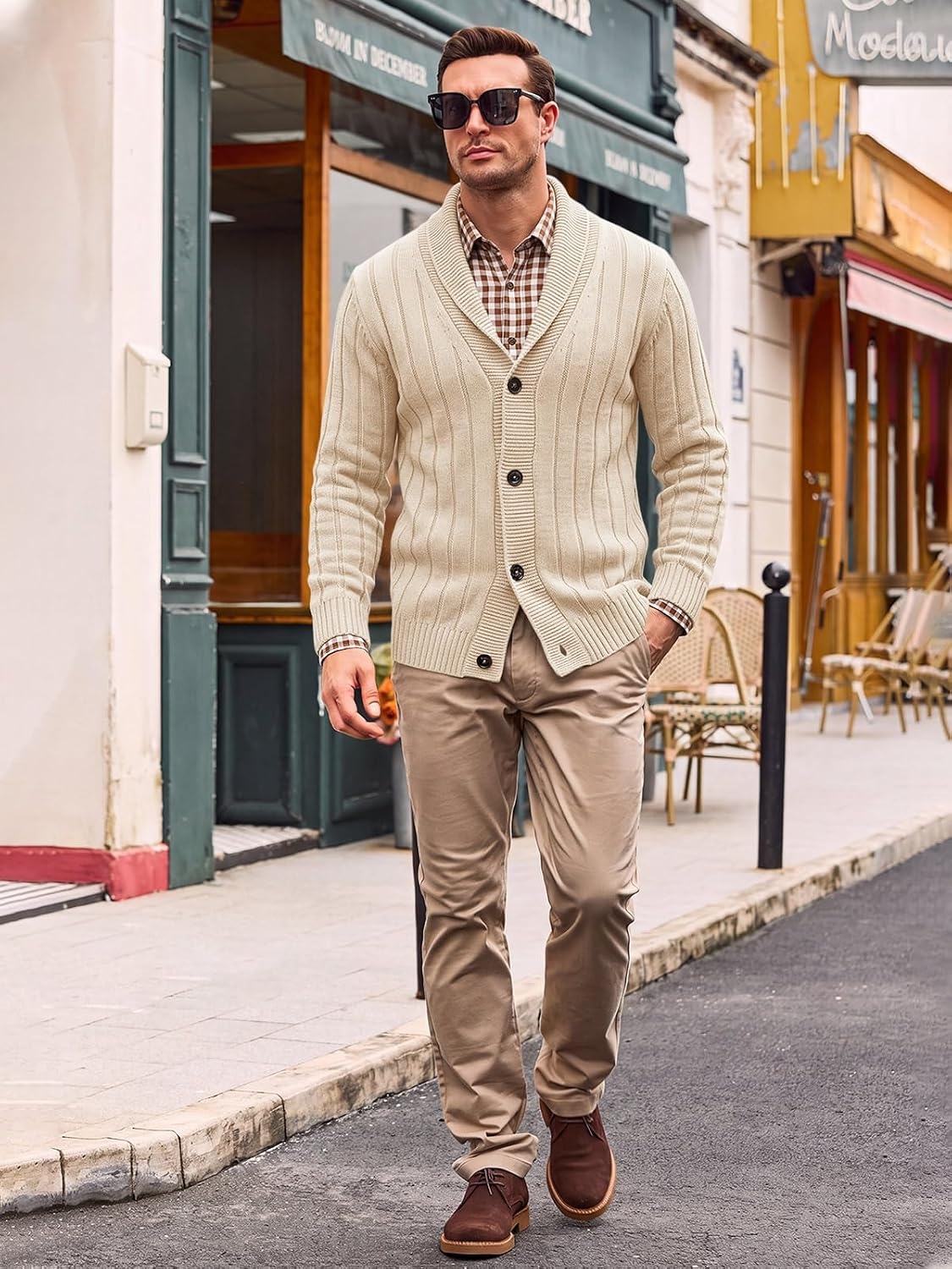 image:imageRuncati Mens Shawl Collar Cardigan Sweater Cable Knit Fall Winter SweatersLight Khaki