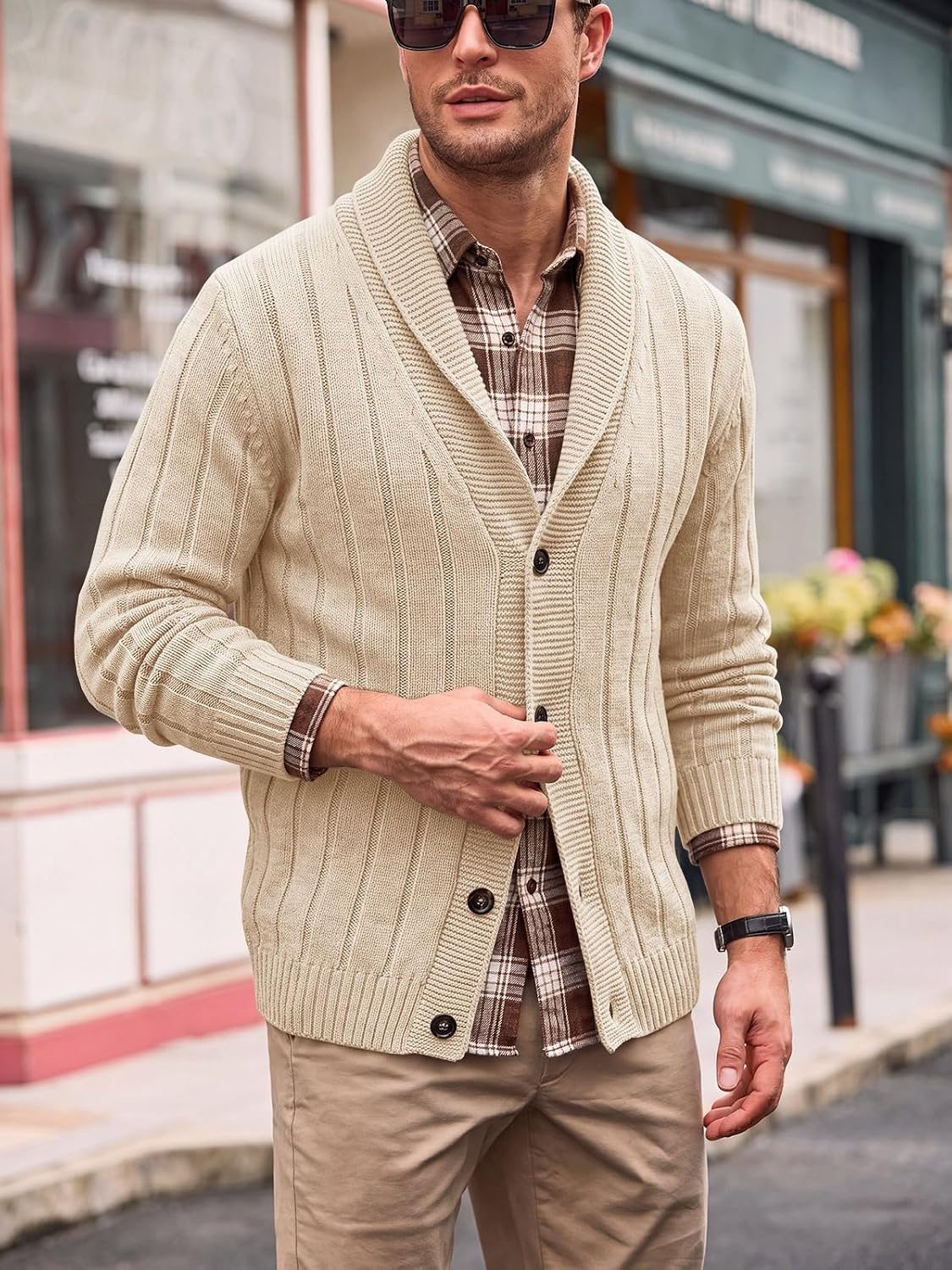 image:imageRuncati Mens Shawl Collar Cardigan Sweater Cable Knit Fall Winter SweatersLight Khaki