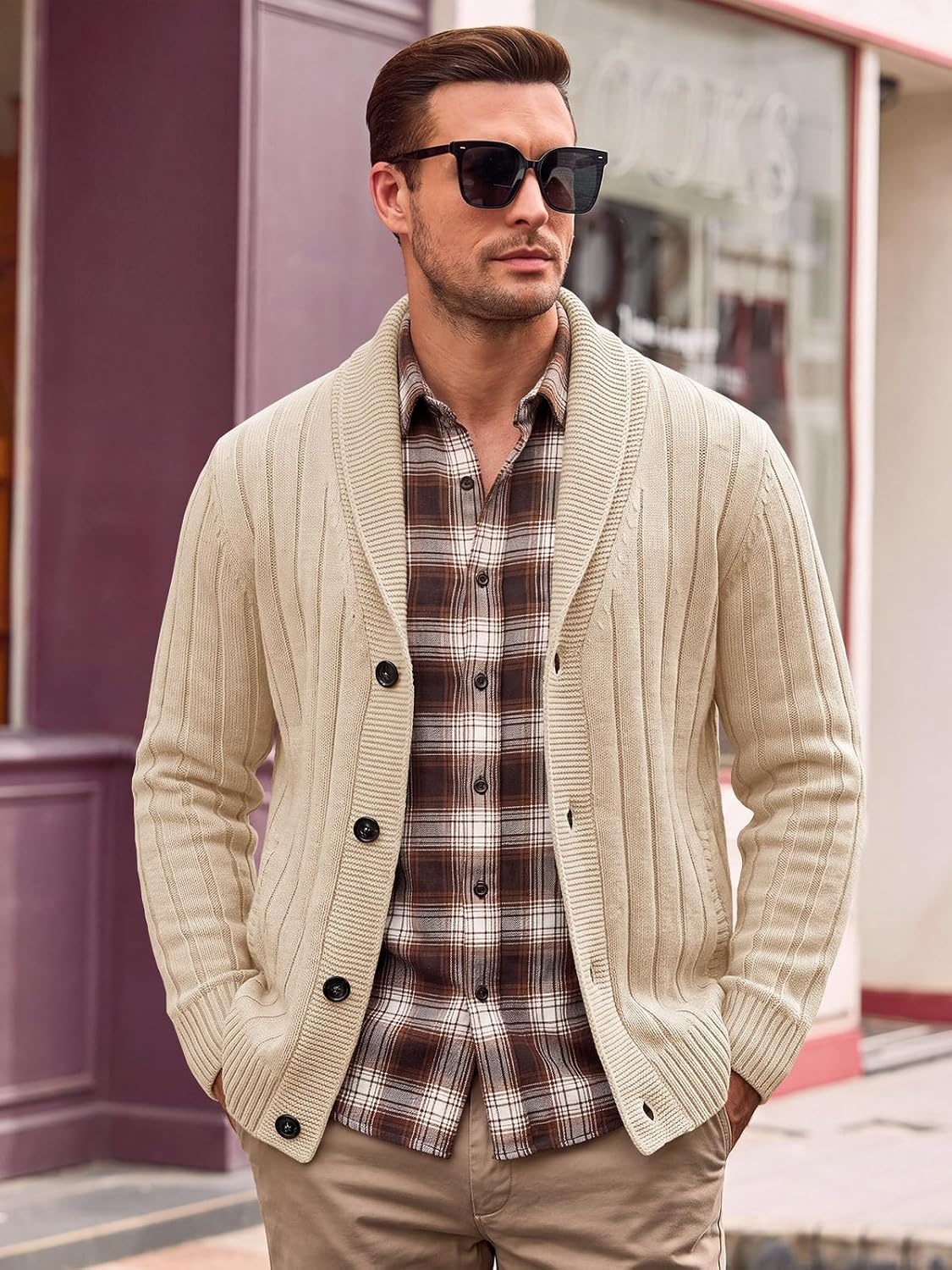 image:imageRuncati Mens Shawl Collar Cardigan Sweater Cable Knit Fall Winter SweatersLight Khaki