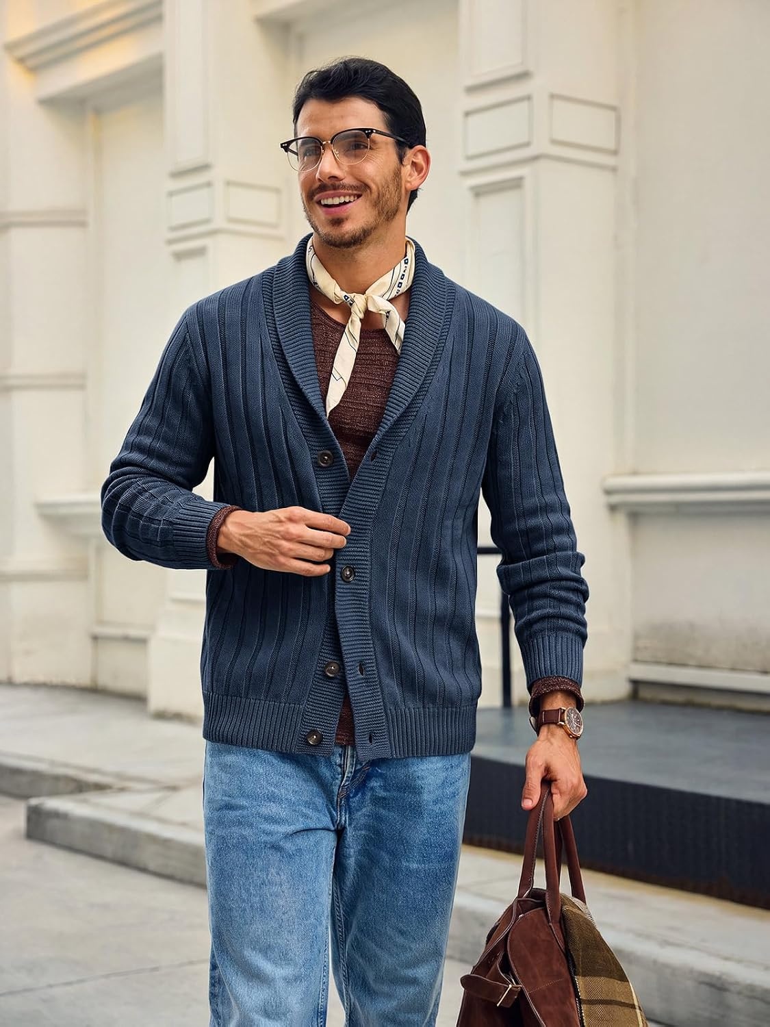 image:imageRuncati Mens Shawl Collar Cardigan Sweater Cable Knit Fall Winter SweatersNavy
