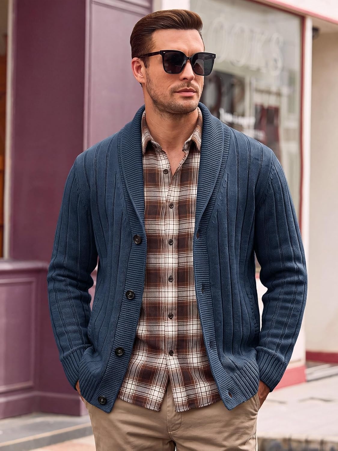 image:imageRuncati Mens Shawl Collar Cardigan Sweater Cable Knit Fall Winter SweatersNavy