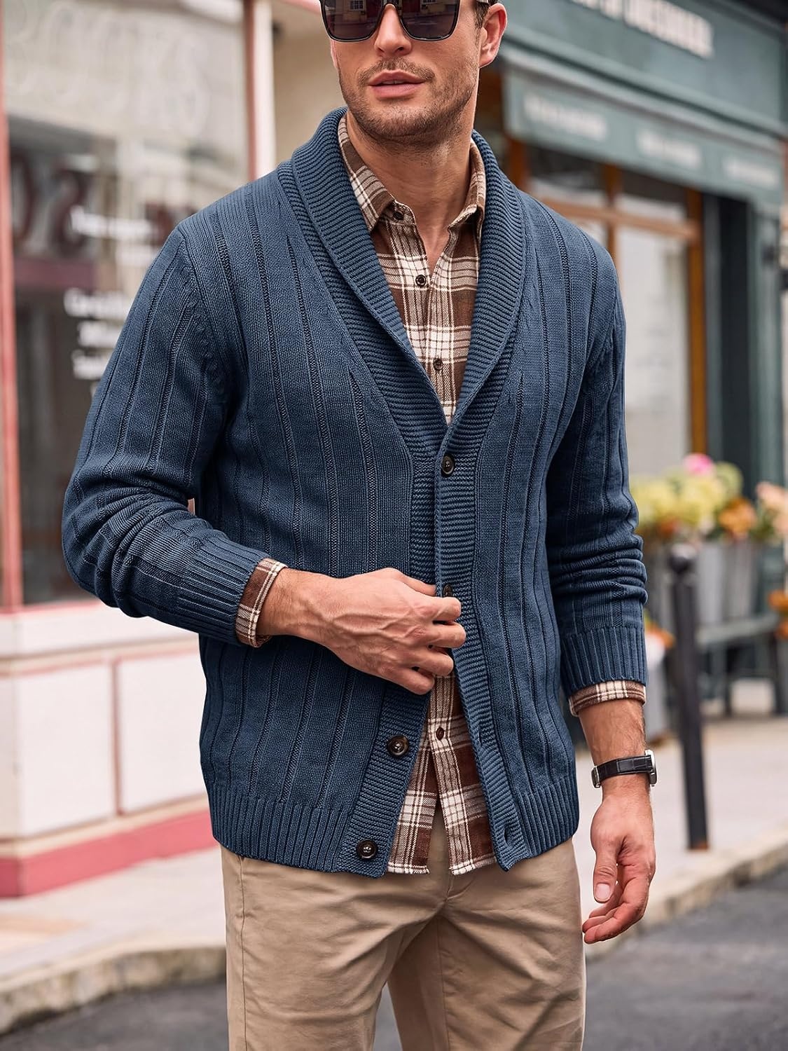 image:imageRuncati Mens Shawl Collar Cardigan Sweater Cable Knit Fall Winter SweatersNavy