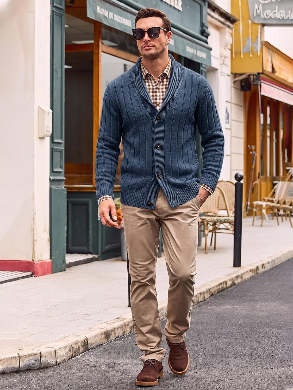 image:imageRuncati Mens Shawl Collar Cardigan Sweater Cable Knit Fall Winter SweatersNavy
