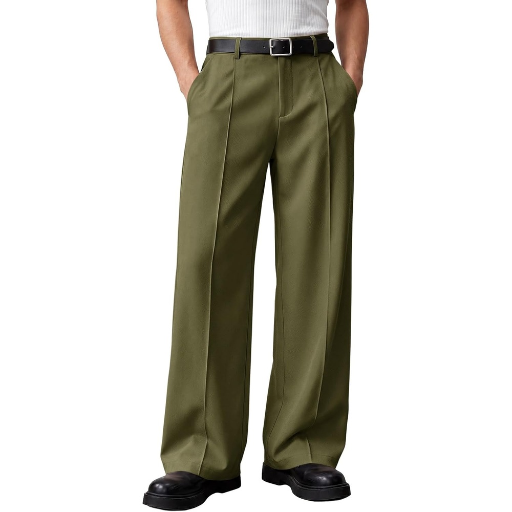 image:imageRuncati Mens Baggy Dress Pants Casual Pleated Wide Leg Lightweight TrousersArmy Green