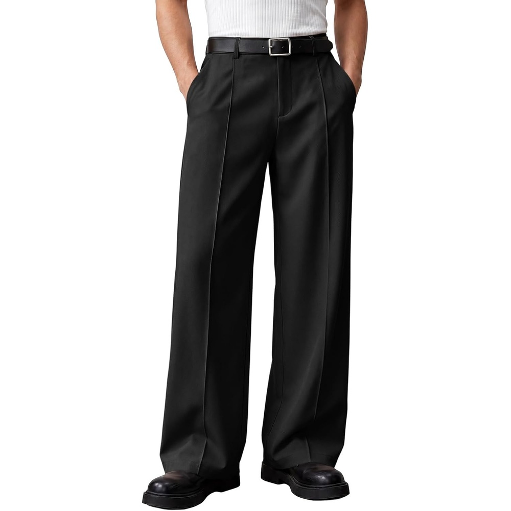 image:imageRuncati Mens Baggy Dress Pants Casual Pleated Wide Leg Lightweight TrousersBlack