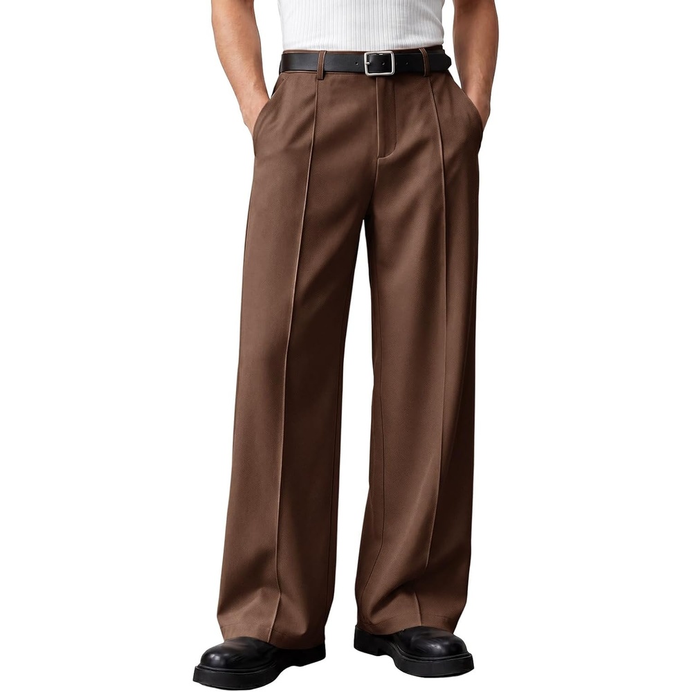 image:imageRuncati Mens Baggy Dress Pants Casual Pleated Wide Leg Lightweight TrousersBrown