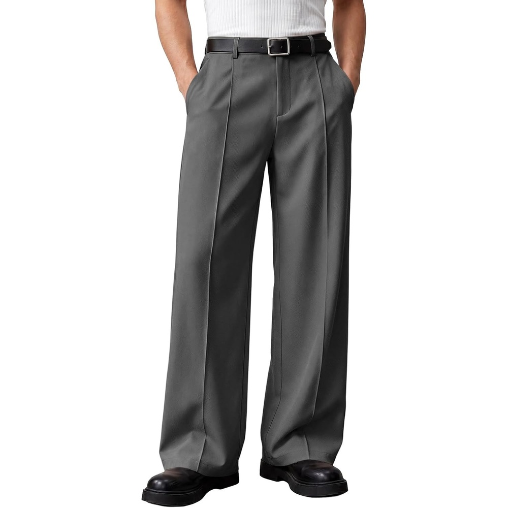 image:imageRuncati Mens Baggy Dress Pants Casual Pleated Wide Leg Lightweight TrousersDark Grey
