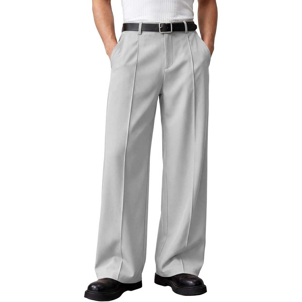 image:imageRuncati Mens Baggy Dress Pants Casual Pleated Wide Leg Lightweight TrousersLight Grey