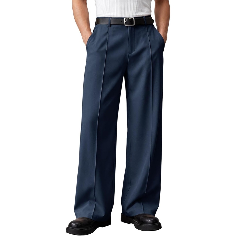 image:imageRuncati Mens Baggy Dress Pants Casual Pleated Wide Leg Lightweight TrousersNavy
