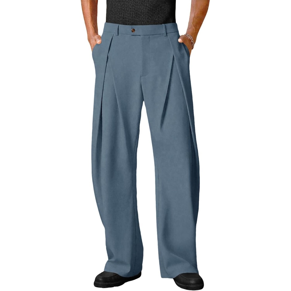 image:imageRuncati Mens Baggy Wide Leg Dress Pants Pleated Casual Work Slacks TrousersBluish Grey