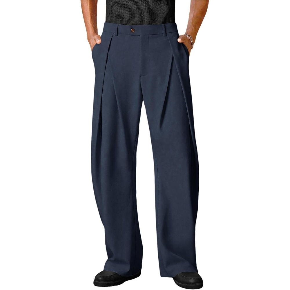 image:imageRuncati Mens Baggy Wide Leg Dress Pants Pleated Casual Work Slacks TrousersNavy