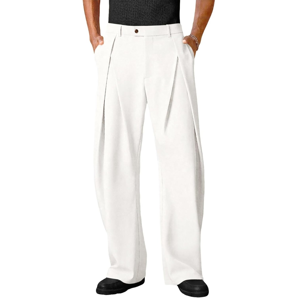 image:imageRuncati Mens Baggy Wide Leg Dress Pants Pleated Casual Work Slacks TrousersWhite