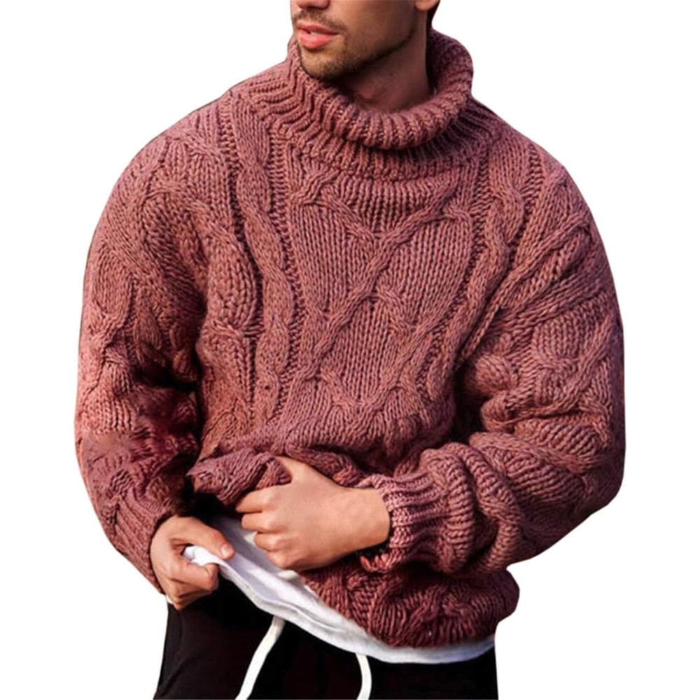 image:imageRuncati Mens Cable Knit Sweater Turtleneck Casual Chunky Pullover JumperRed