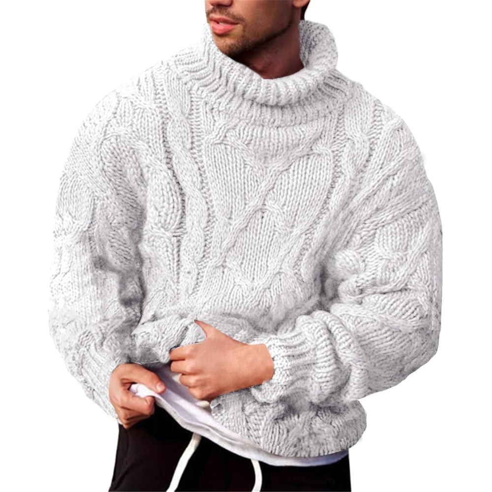 image:imageRuncati Mens Cable Knit Sweater Turtleneck Casual Chunky Pullover JumperWhite