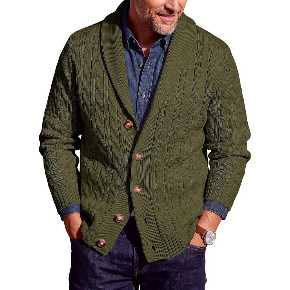 image:imageRuncati Mens Cardigan Sweater Cable Knit Shawl Collar Casual SweatersArmy Green
