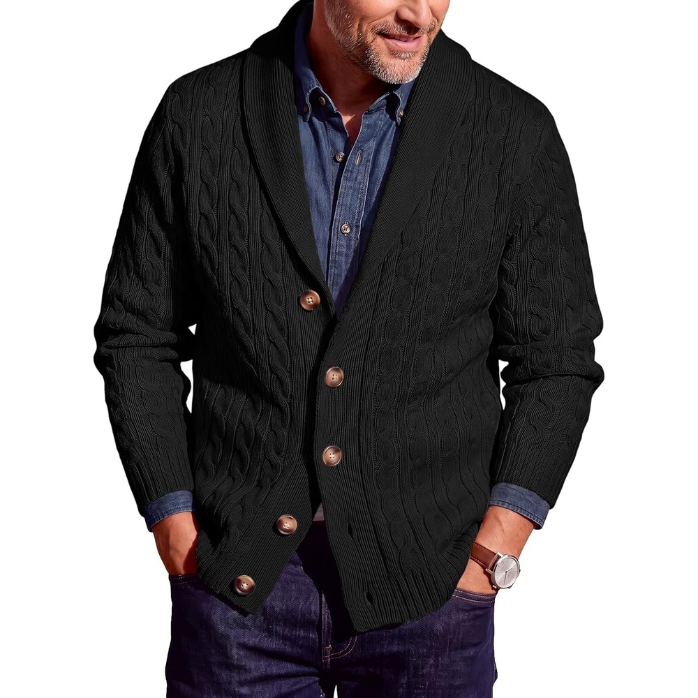 image:imageRuncati Mens Cardigan Sweater Cable Knit Shawl Collar Casual SweatersBlack