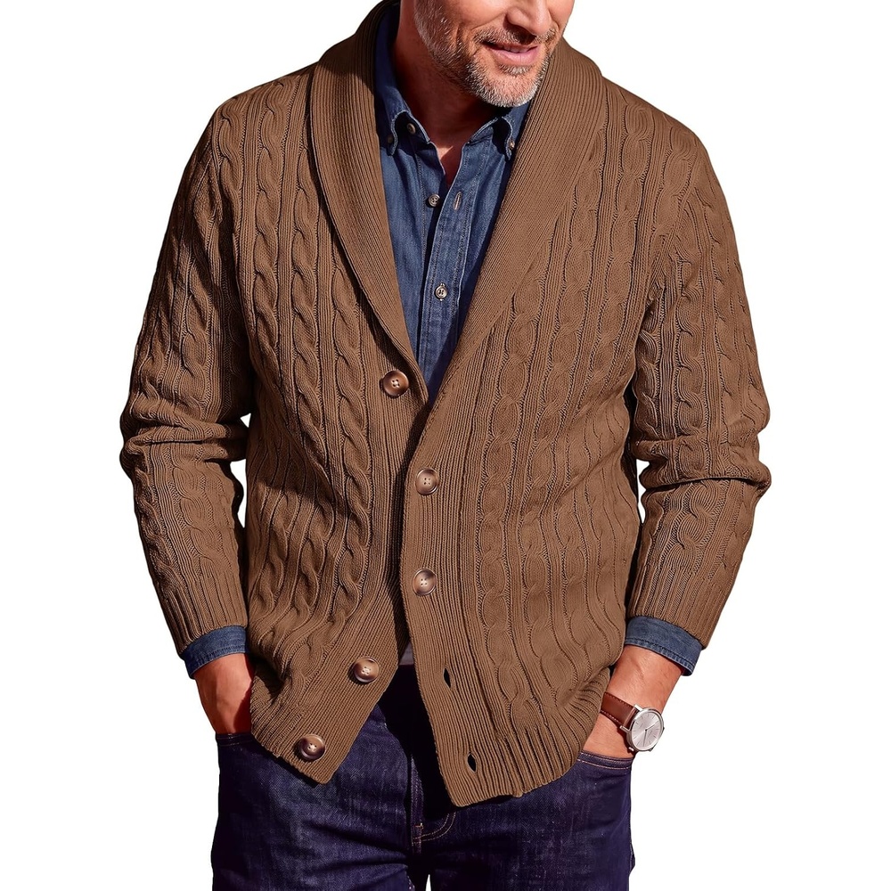 image:imageRuncati Mens Cardigan Sweater Cable Knit Shawl Collar Casual SweatersBrown