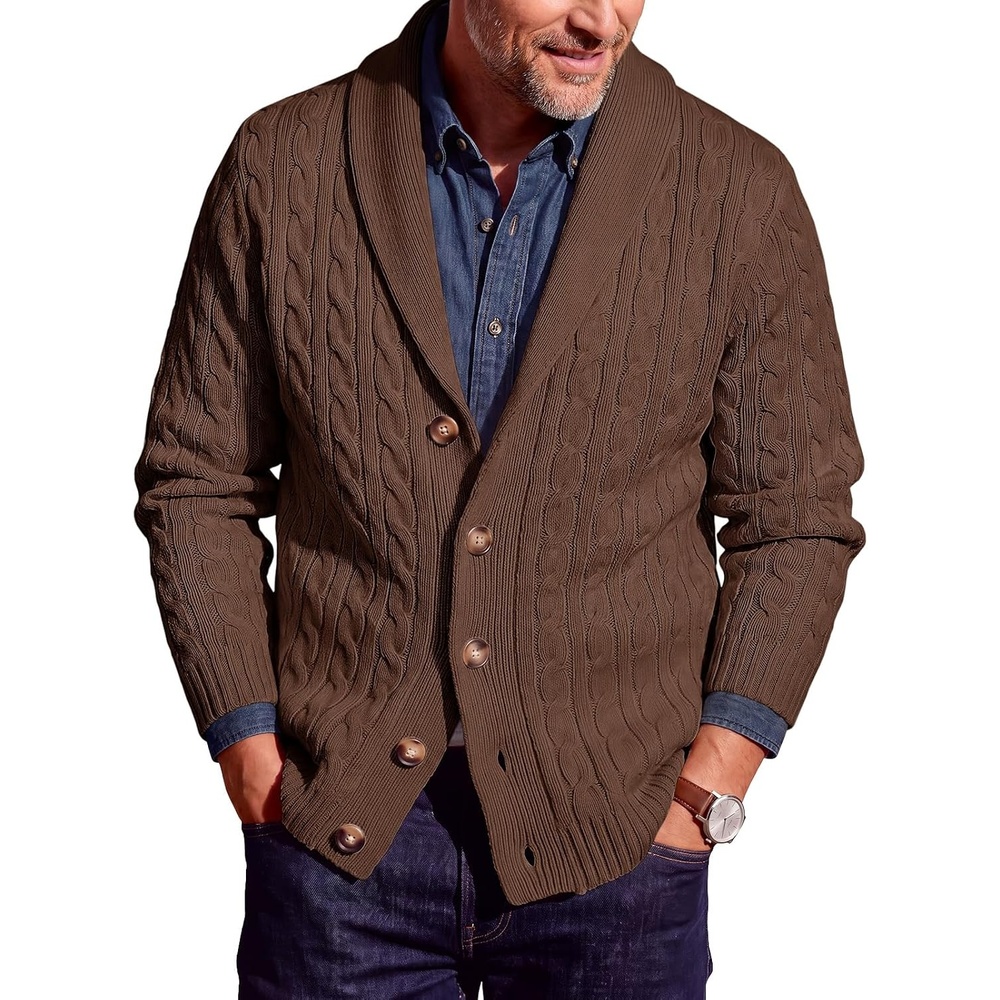image:imageRuncati Mens Cardigan Sweater Cable Knit Shawl Collar Casual SweatersCoffee