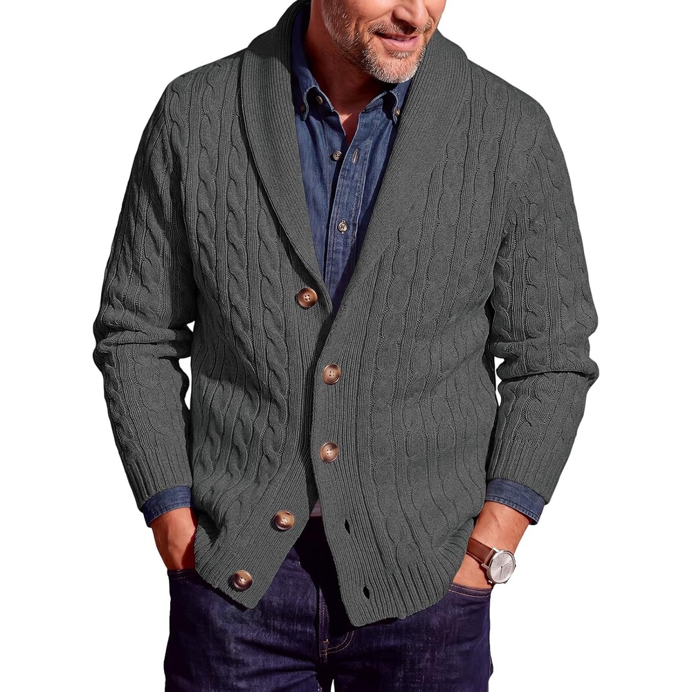 image:imageRuncati Mens Cardigan Sweater Cable Knit Shawl Collar Casual SweatersDark Grey