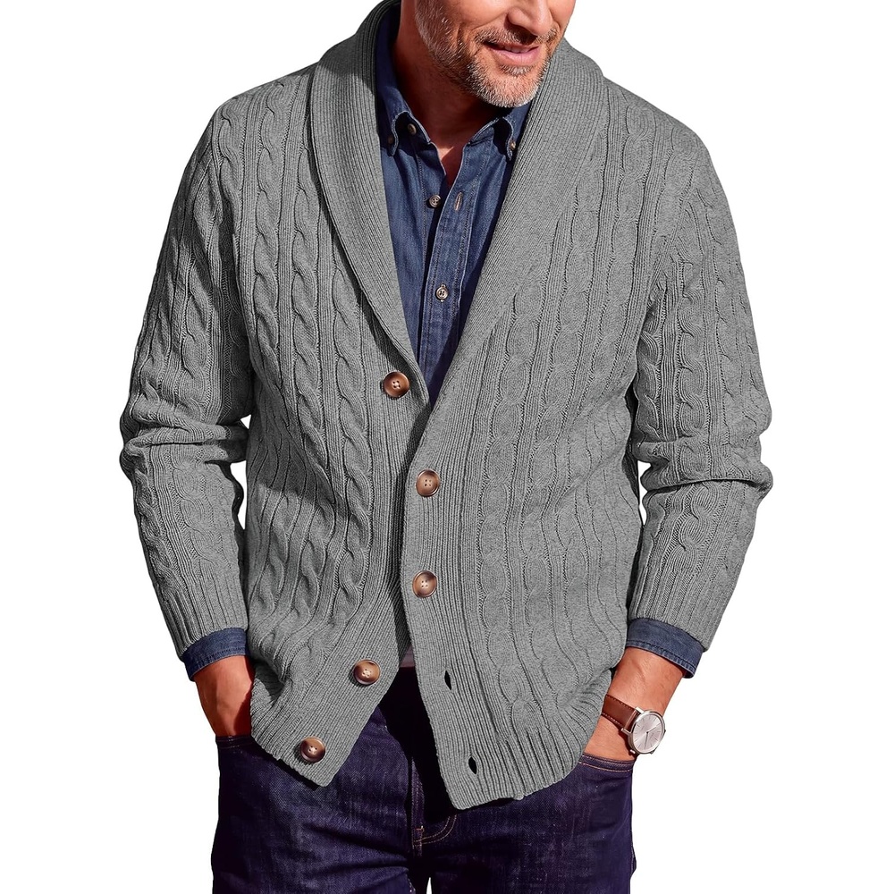 image:imageRuncati Mens Cardigan Sweater Cable Knit Shawl Collar Casual SweatersGrey