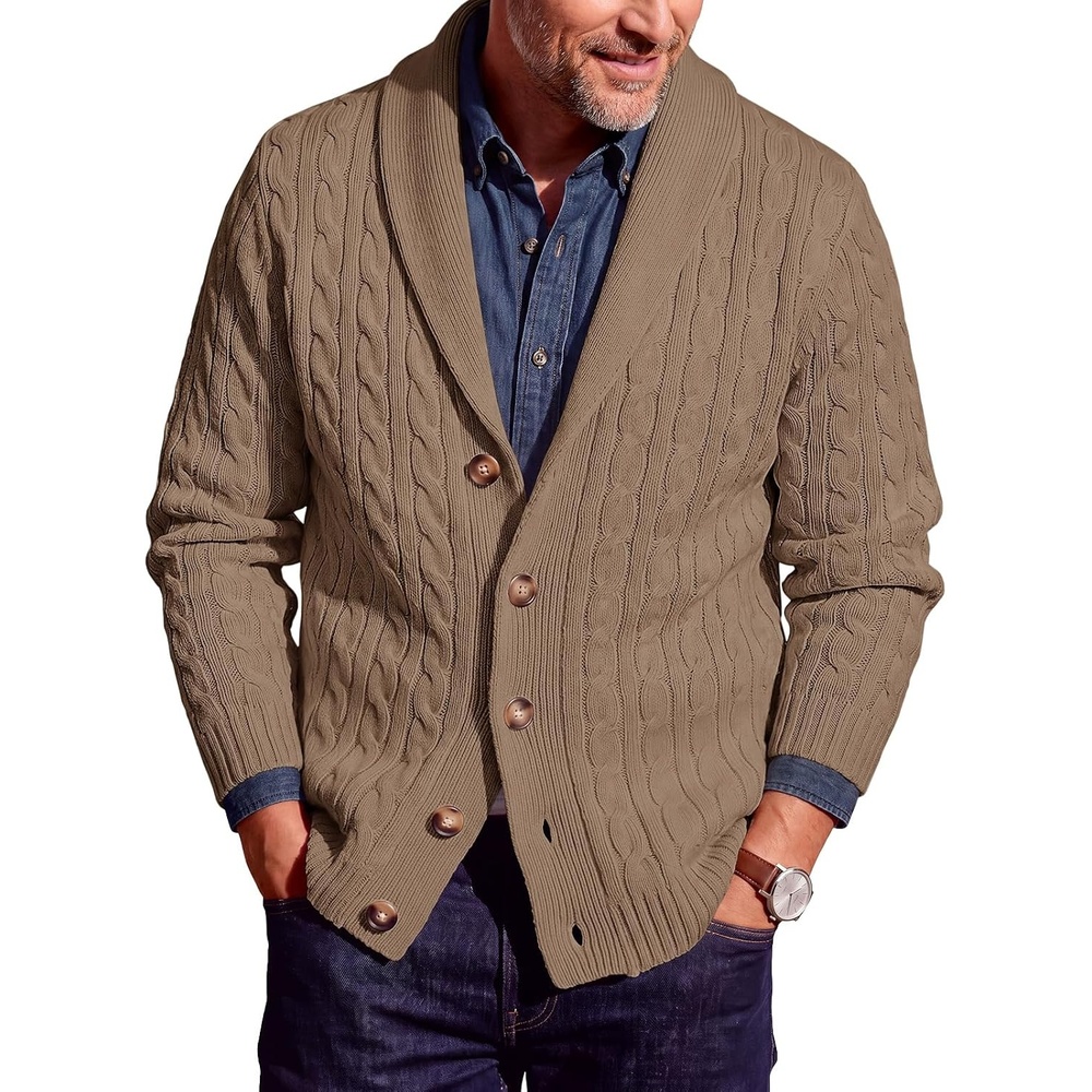 image:imageRuncati Mens Cardigan Sweater Cable Knit Shawl Collar Casual SweatersKhaki