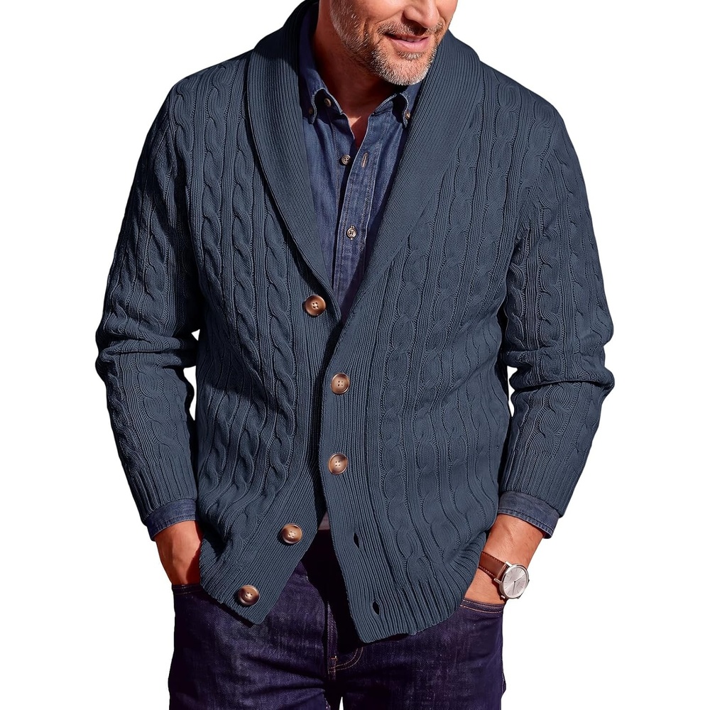 image:imageRuncati Mens Cardigan Sweater Cable Knit Shawl Collar Casual SweatersNavy