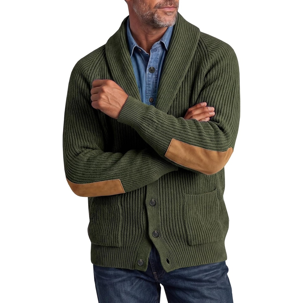 image:imageRuncati Mens Cardigan Sweater Shawl Collar Button Down Casual Knit SweatersArmy Green