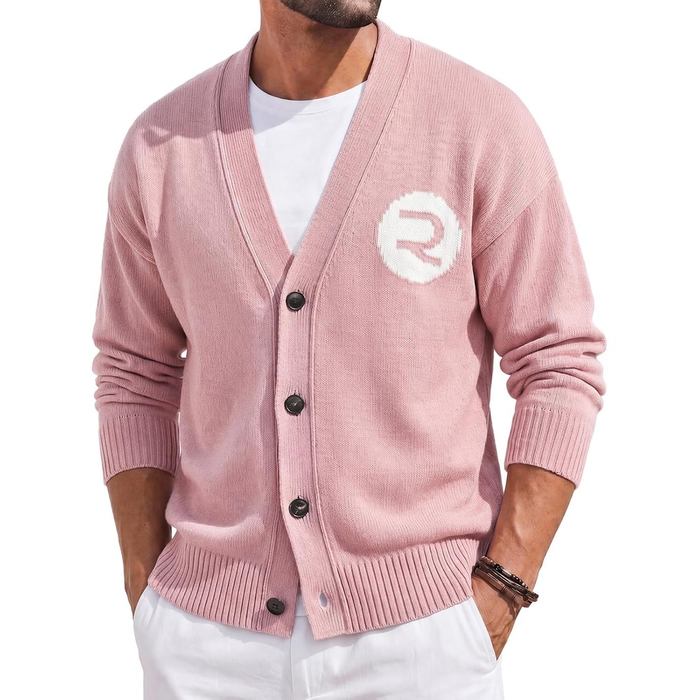 image:imageRuncati Mens Cardigan Sweater V Neck Slim Fit Knit Button Down SweatersPink