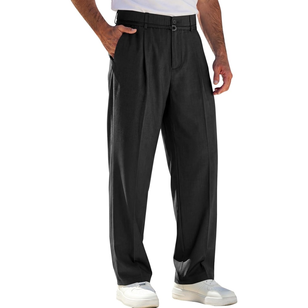 image:imageRuncati Mens Casual Dress Pants Elastic Waist Pleated Baggy Wide Leg SlacksBlack