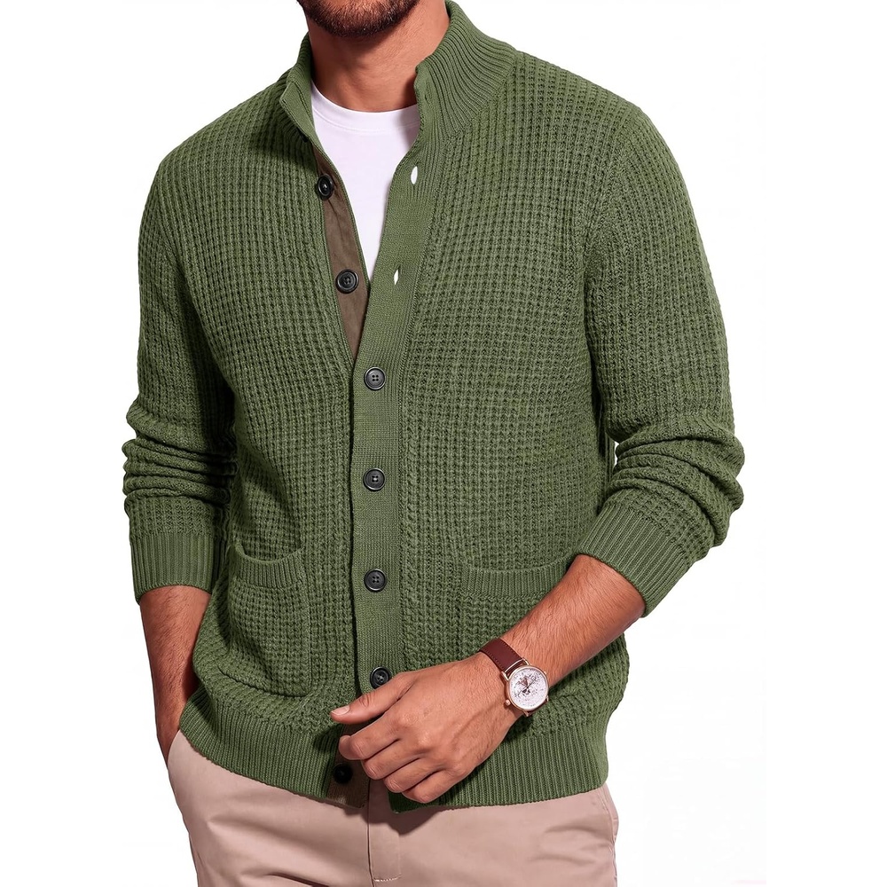 image:imageRuncati Mens Casual Waffle Knit Cardigan Sweater Stand Collar with PocketsArmy Green