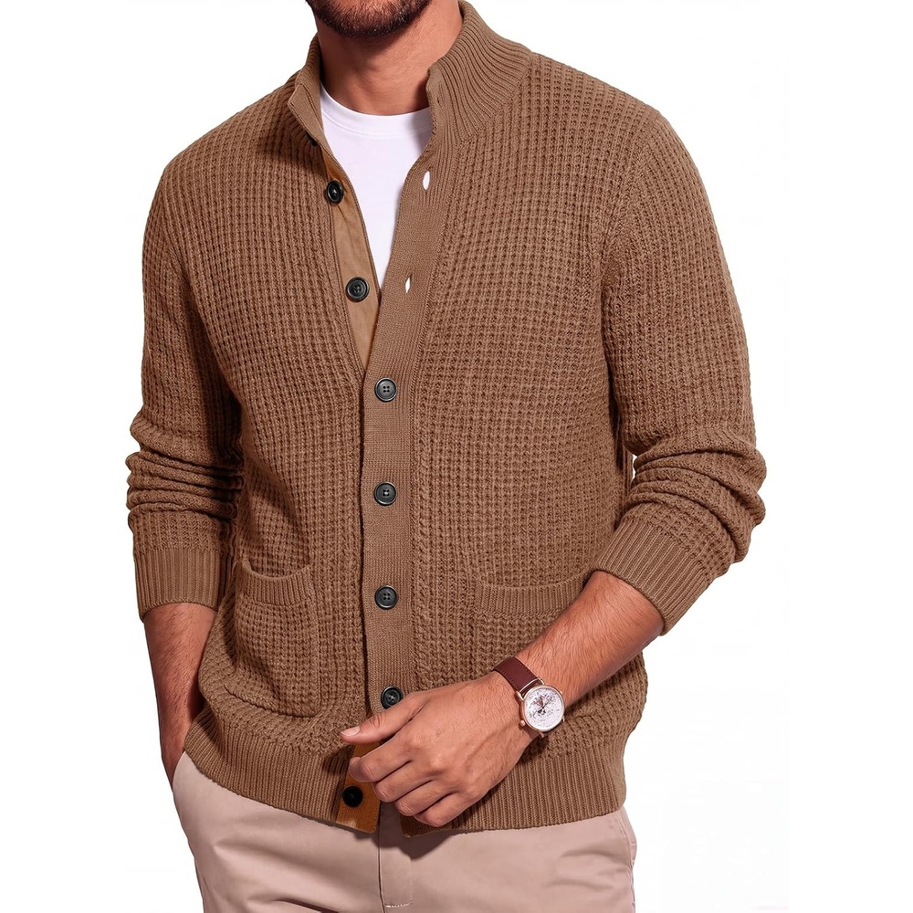 image:imageRuncati Mens Casual Waffle Knit Cardigan Sweater Stand Collar with PocketsBrown