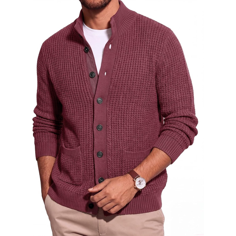 image:imageRuncati Mens Casual Waffle Knit Cardigan Sweater Stand Collar with PocketsBurgundy