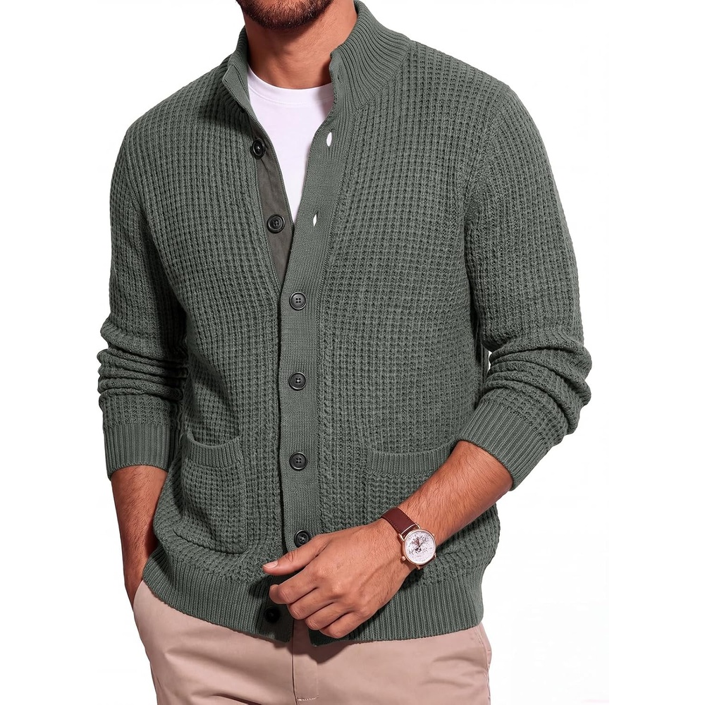 image:imageRuncati Mens Casual Waffle Knit Cardigan Sweater Stand Collar with PocketsDark Grey
