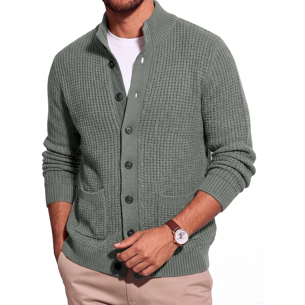 image:imageRuncati Mens Casual Waffle Knit Cardigan Sweater Stand Collar with PocketsGrey