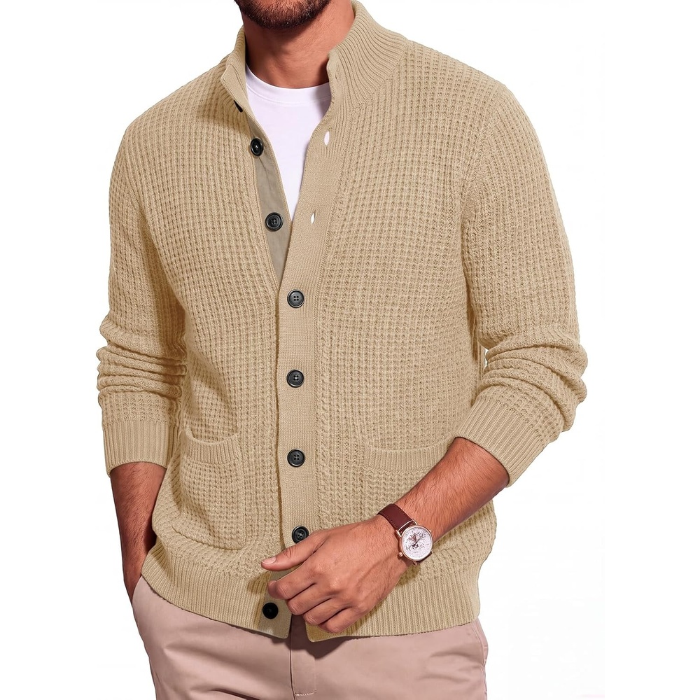 image:imageRuncati Mens Casual Waffle Knit Cardigan Sweater Stand Collar with PocketsLight Khaki