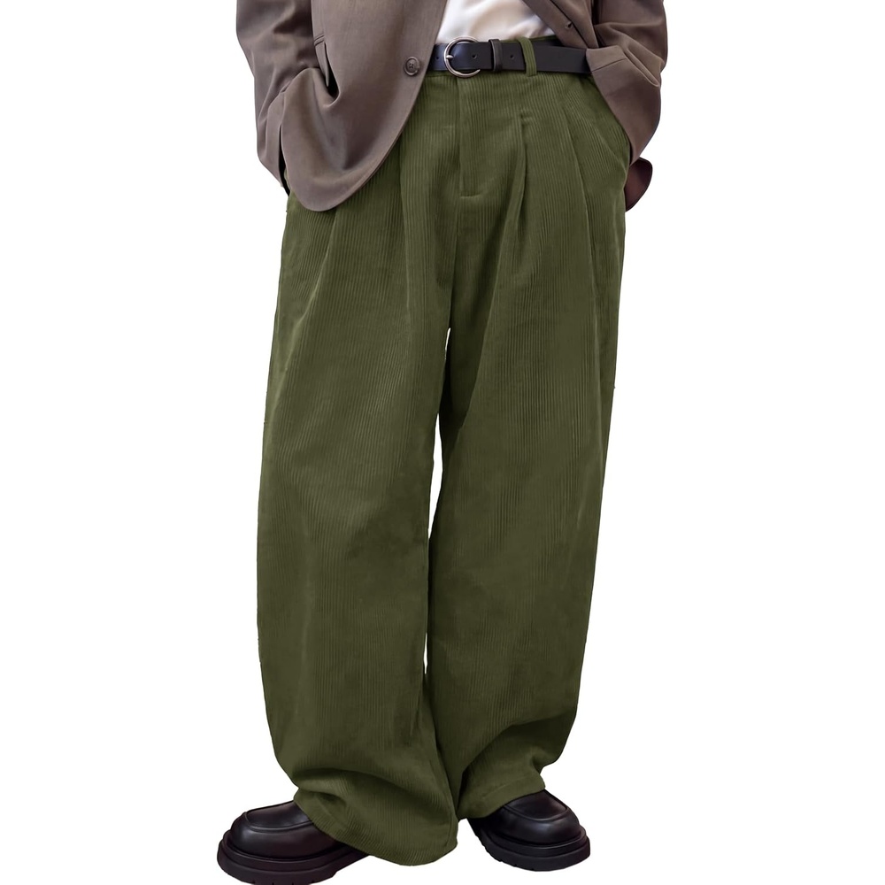 image:imageRuncati Mens Corduroy Baggy Pants Wide Leg Casual Fall Winter SlacksArmy Green