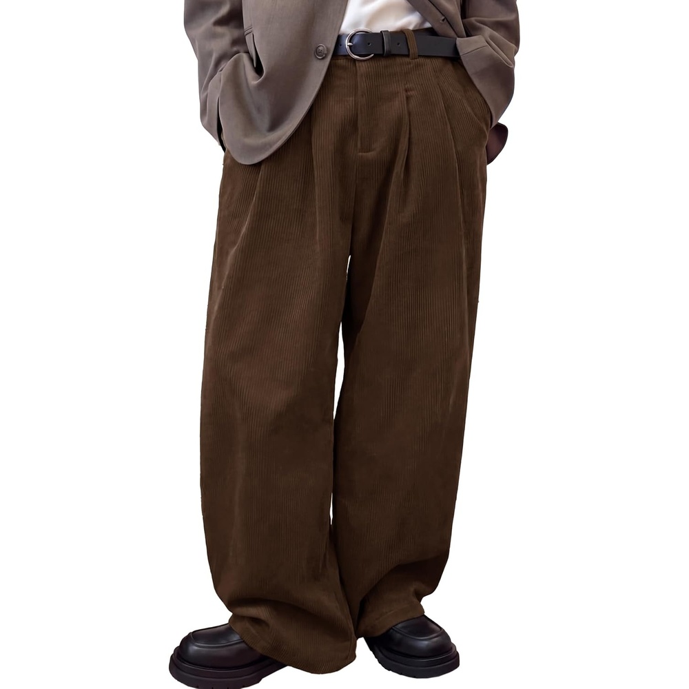 image:imageRuncati Mens Corduroy Baggy Pants Wide Leg Casual Fall Winter SlacksBrown