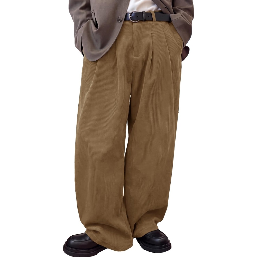 image:imageRuncati Mens Corduroy Baggy Pants Wide Leg Casual Fall Winter SlacksKhaki